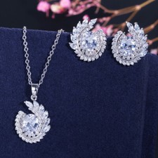Silver Plated Leaf Stud Earrings and Necklace Cubic Zircon Jewelry Set for Women