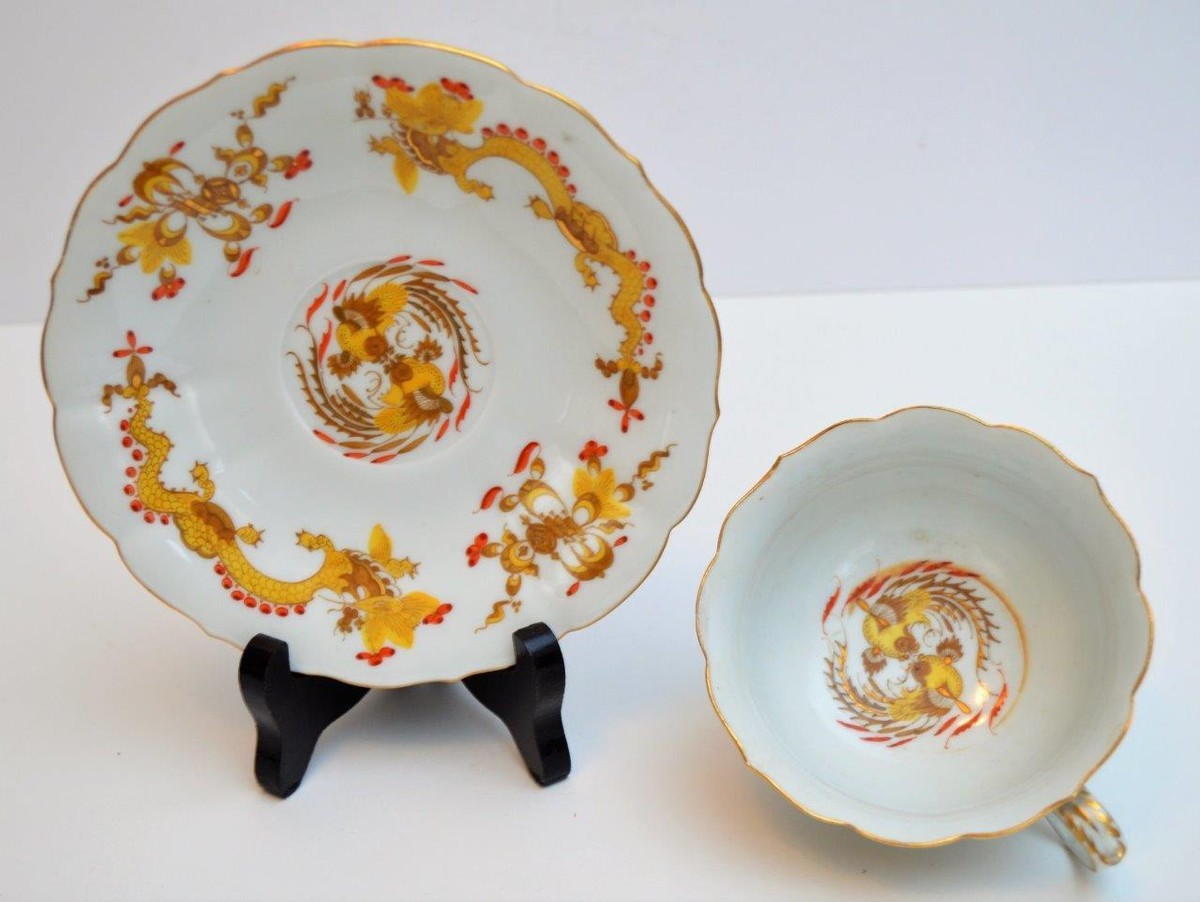 Antique MEISSEN Crossed Swords Mark Yellow DRAGON Red Dots Set Cup