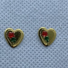 Gold Tone Pressed Heart Enamel Red Flowers Stud Earrings 3/8