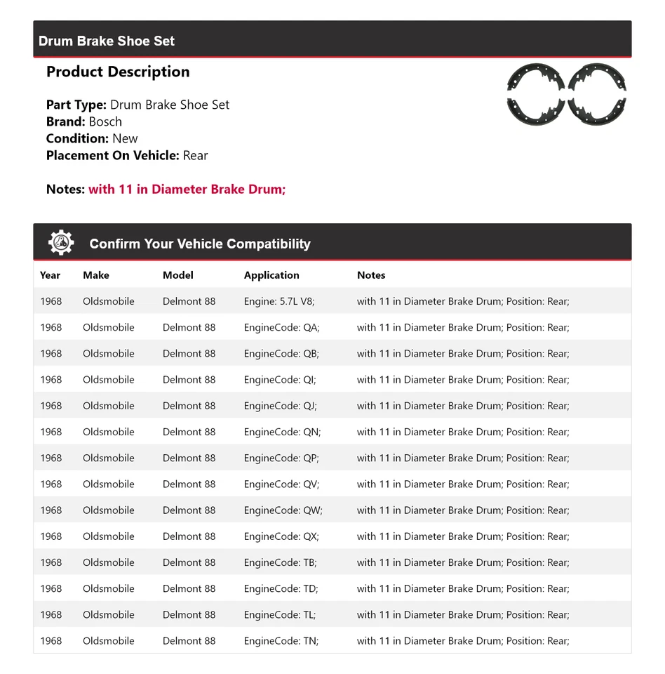 Juego de zapatas de freno de tambor traseras Oldsmobile Delmont 88 Bosch 1968 Foto 2 de 3