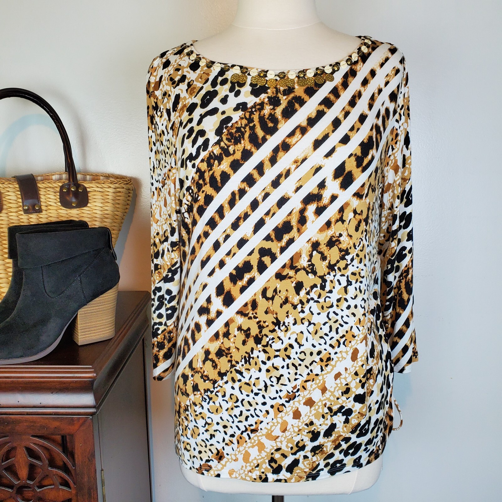 Ruby Rd. Soft Striped Animal Print Embellished Ne… - image 11