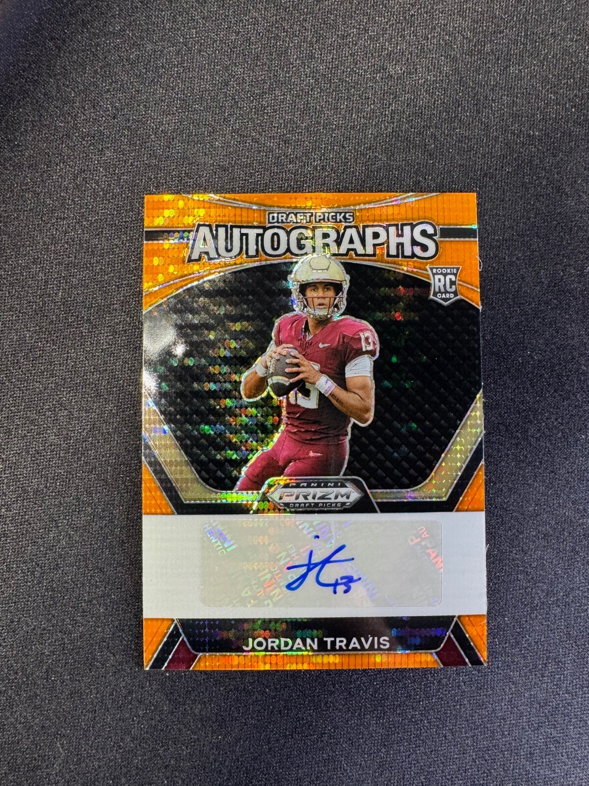 2024 Prizm Draft Picks Jordan Travis RC Auto Orange Pulsar Jets Rookie #d 38/49