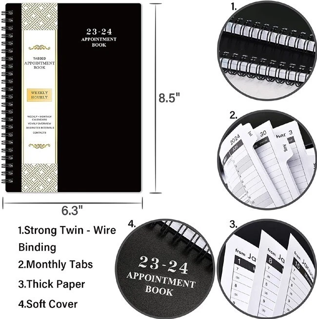  Weekly Appointment Book 2024 - Appointment Book 2024, Jan 2024  - Dec 2024, Daily/Hourly Planner with Tabs, 15 Minutes, 8.26 x 10.7,  Wirebound - Black : Office Products