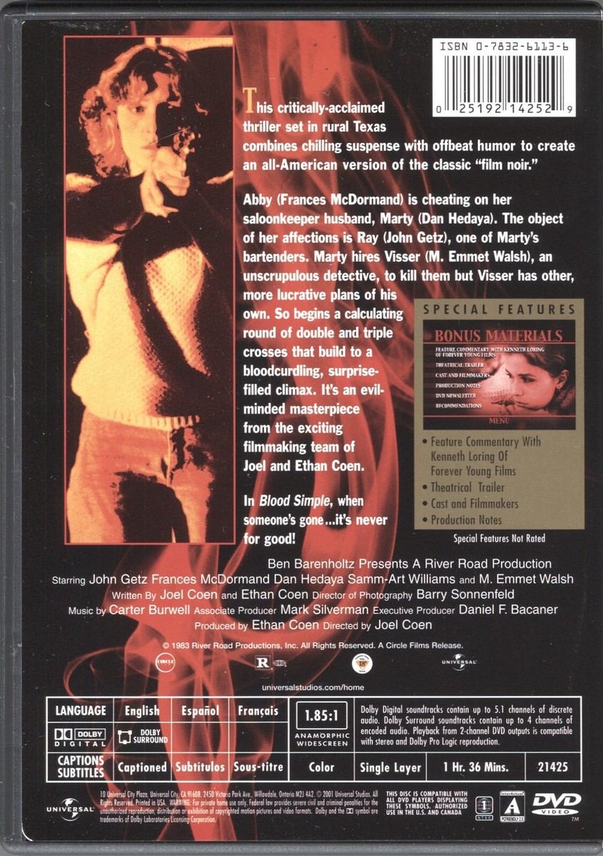 BLOOD SIMPLE Director's Cut WIDESCREEN DVD M. Emmet Walsh FRANCES
