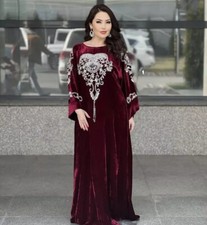 Maroon Kaftan Hand Work Stylish Long Moroccan Dubai Farasha Crsytal Abaya Dress