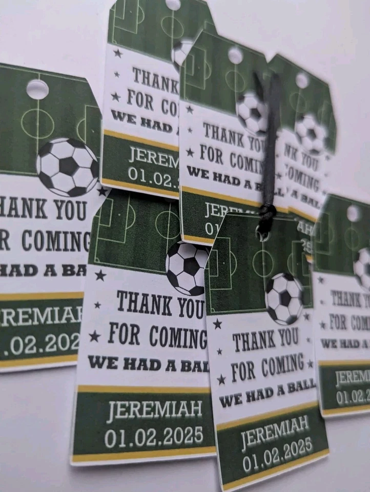 Pack de 10 etiquetas personalizadas para bolsa de fiesta de fútbol tarjeta de agradecimiento Foto 2 de 4