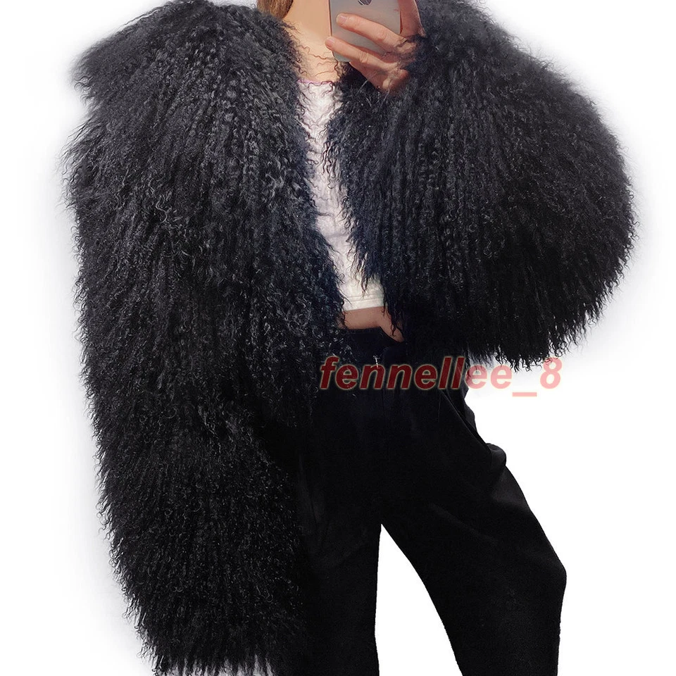 Women's Real Mongolian Lamb Sheep Short Coat Curly Fur Lapel Jacket Warm Outwear - Image 2 of 4