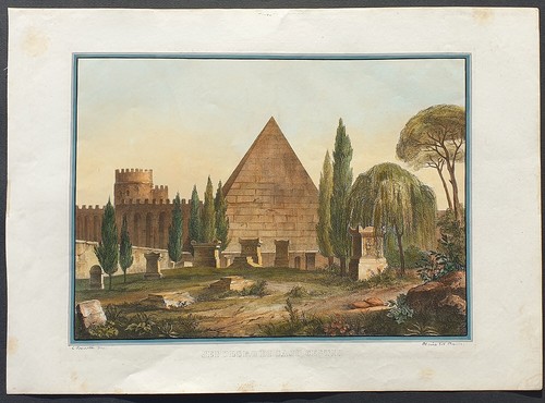 stampa antica litografia piramide caio cestio cimitero acattolico 1849 veduta