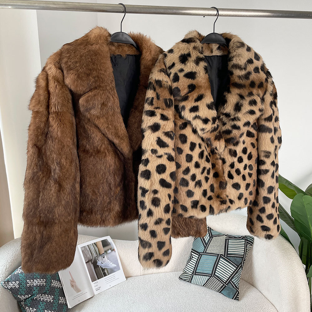 Women Lapel Collar Real Rabbit Fur Short Coat Leopard Print Jacket