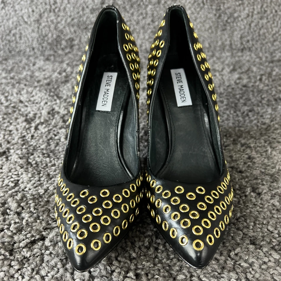 Steve Madden Heels Womens 9.5M Grommit Black Gold Leather Shoes Pumps Slip On - Image 3 of 4