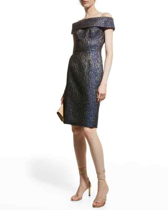 NEW RICKIE FREEMAN TERI JON OFF SHOULDER METALLIC JACQUARD DRESS