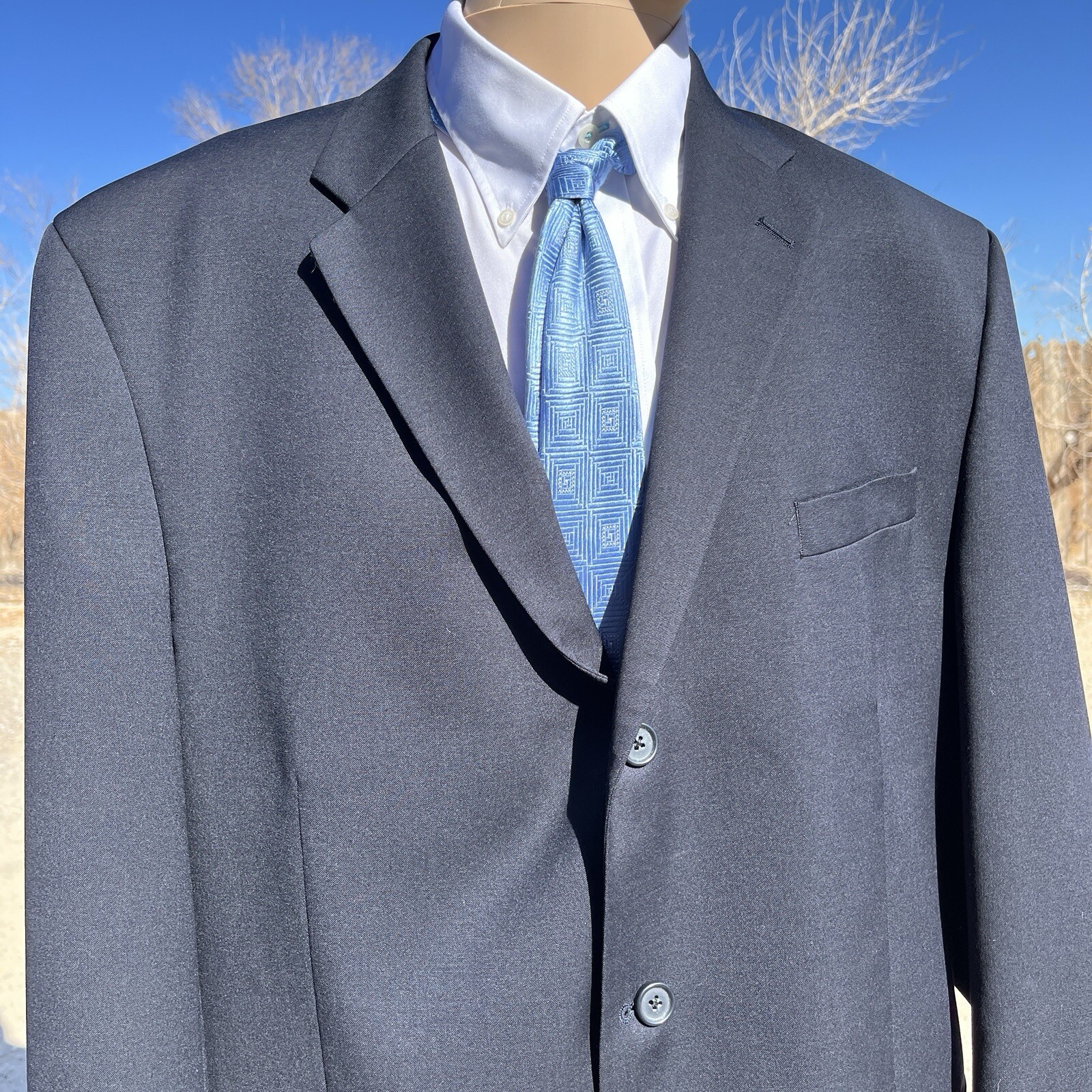 VERSINI Men’s (46L) Wool three button black formal wedding office blazer