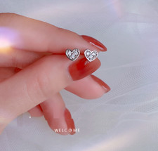 Tiny Silver/Gold Love Heart Pave Cubic Zirconia Stud Earrings