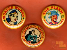 Set of three 1" vintage look DC comics pins buttons Flash Wonder Woman Superman