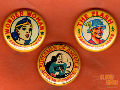 Set of three 1'' vintage look DC comics pins buttons Flash Wonder Woman Superman