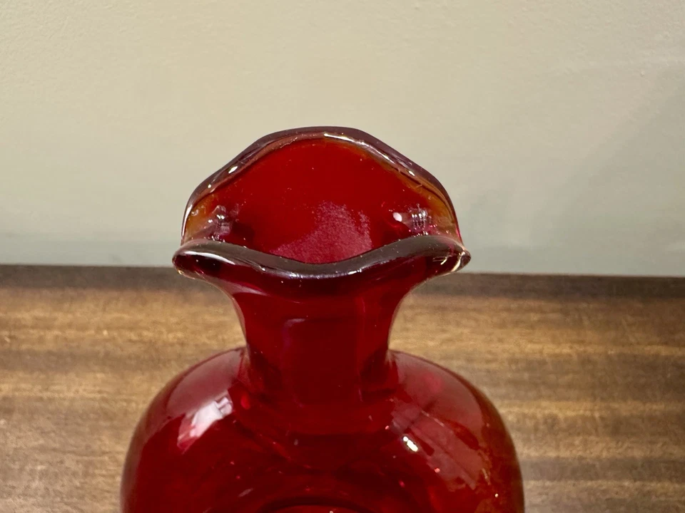 Vintage Blenko Ruby Red Glass Decanter - Pinched Dimple - No Stopper - 8.5 Inch - Image 4 of 4