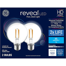 GE Reveal 60w Replacement LED HD Bulbs G25 Medium Base Clear Dimmable 2-Pack