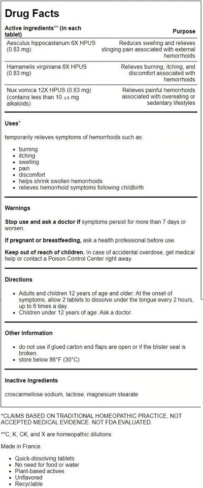 Tabletas Boiron Hemcalm - 60 tabletas sin sabor Foto 2 de 2