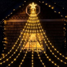Solar Christmas Tree Waterfall Lights with Star Topper 6.56ft 255LED Solar