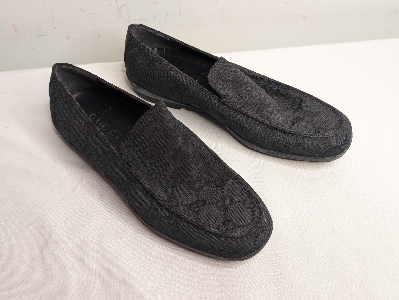 SAOLA Gucci Mocassini Donna GG Tela Nero Suola in Gomma Slip On Taglia 5B 35