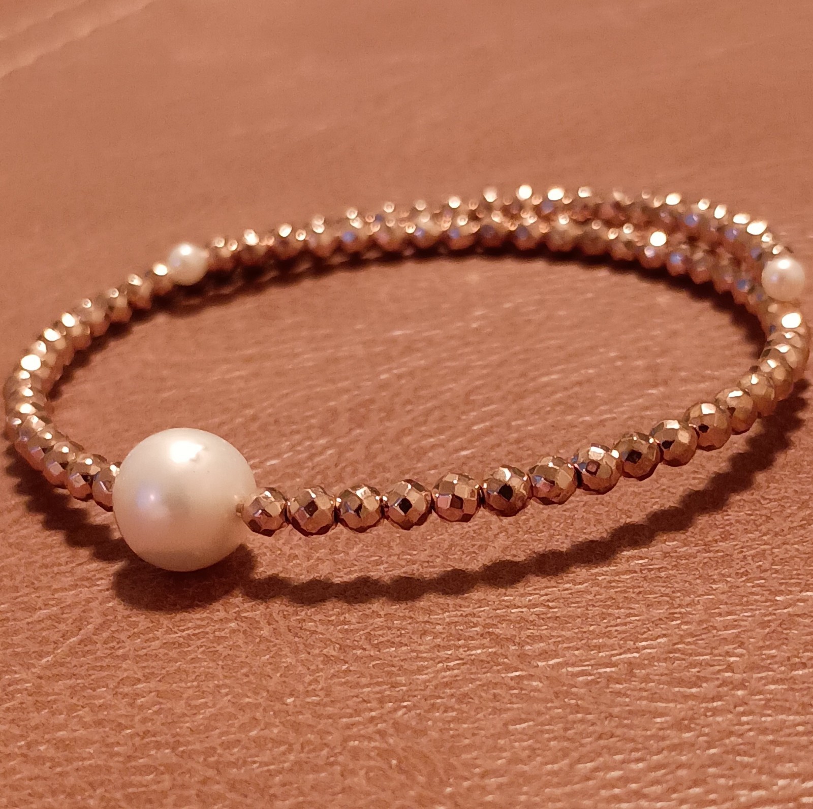 Gold Tone Beaded Stackable Bracelet with Round Wh… - image 3