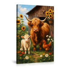 Highland Cow Farm Scene Canvas Wall Art Poster with Calf Chicken and Sunflowers