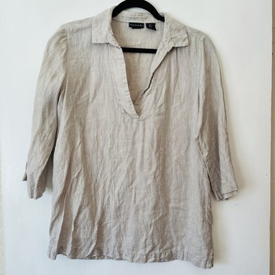 Tahari Top Women s Small Tan Brown 100% Linen 3/4 Sleeve Collared Popover Blouse