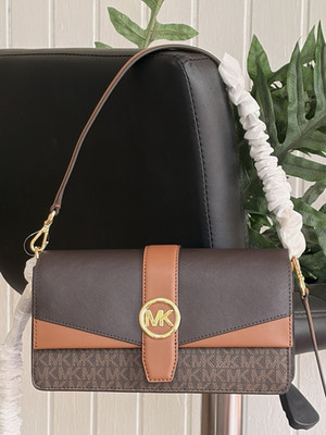 MICHAEL KORS GREENWICH MEDIUM FLAP SHOULDER CROSSBODY BAG MK BROWN GOLD LOGO