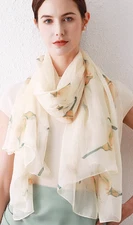 100% Silk Scarf Women neckerchief Shawl Wrap large Floral beige yellow MY147