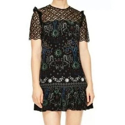 Sandro UK 8 FR 36 Black Zodiac Print Mini Dress Lace Trim Horse Sun Star