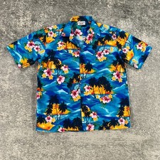 Camisa Hawaiana Pacific Legend Para Hombres XL Azul Floral Estampado Puesta de Sol Cuello de Campamento Aloha