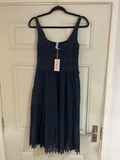 New Made in Italy Lagenlook Navy Blue Crochet Lace Frilled Dress - One Size BNWT