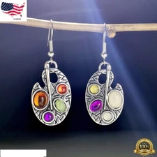 Women 925 Silver Multi-Color Gemstone Dangle Ear Hook Boho Drop Earrings Jewelry