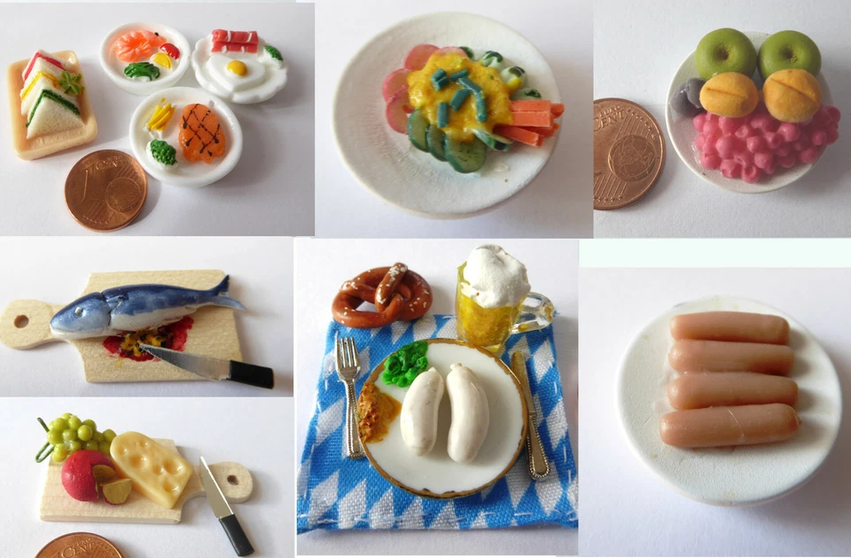 Essen Fisch Käse Trauben Ei Würstchen Teller Obst Kaufladen Puppe Miniatur 1:12