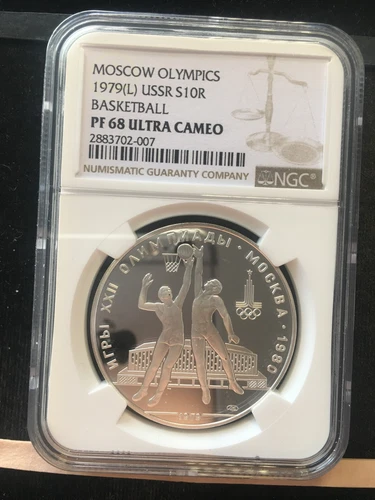1979 (L)  Russia Olympics, Basketball, 10 Rouble,  NGC Graded**PF-68 UC**