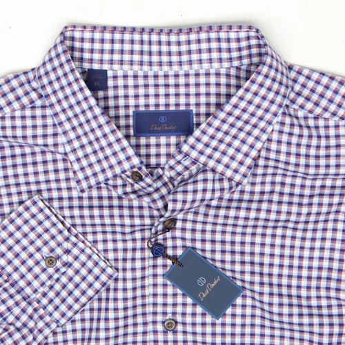 NWT David Donahue Shirt Mens XL Blue Merlot White Plaid Cotton Long Sleeve