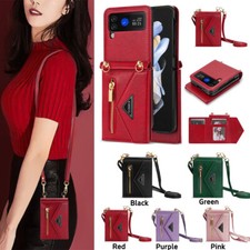 For Samsung Galaxy Z Flip 7 6 5 4 3 Zipper Leather Card Wallet Case W/ Lanyard