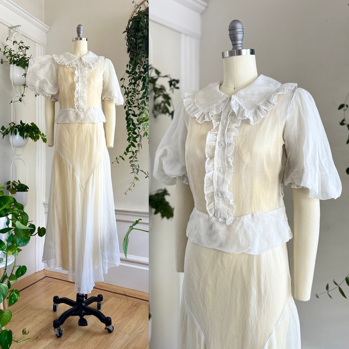Vintage 1930s 30s Sheer White Ruffled Maxi Dress Wedding Gown with