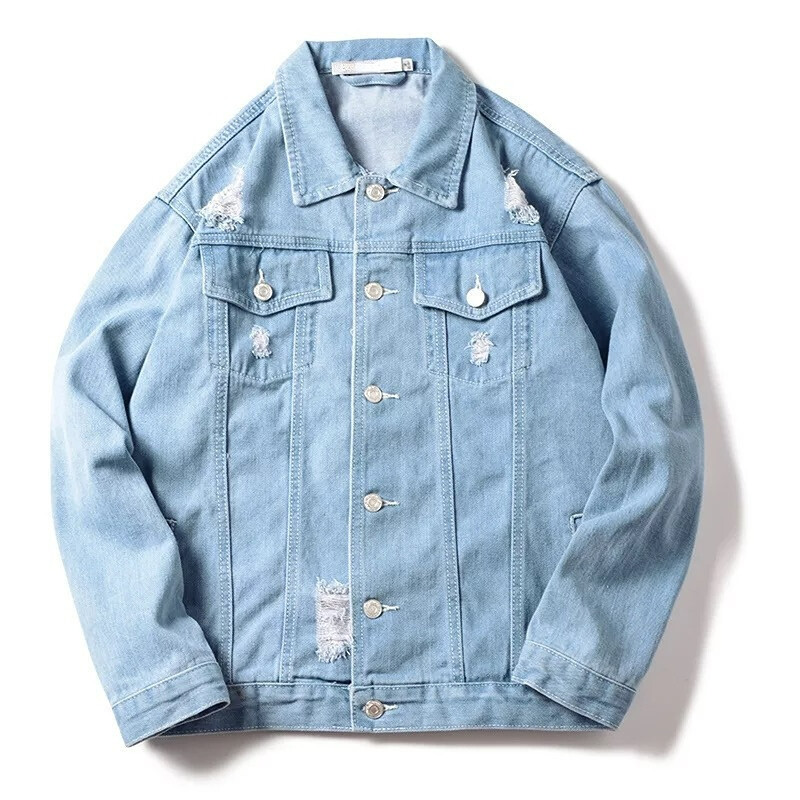 Men Casual Denim Jacket Coat Fit Ripped Distressed Long Sleeve Button Jean  Tops