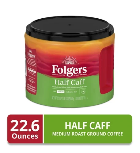 (4 pack) Folgers Half Caffe Ground Coffee, Medium Roast, 22.6 oz Canister - Picture 2 of 3