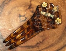 Vintage Victorian hair comb tortoise Shell Floral flowers hair ornament Pick