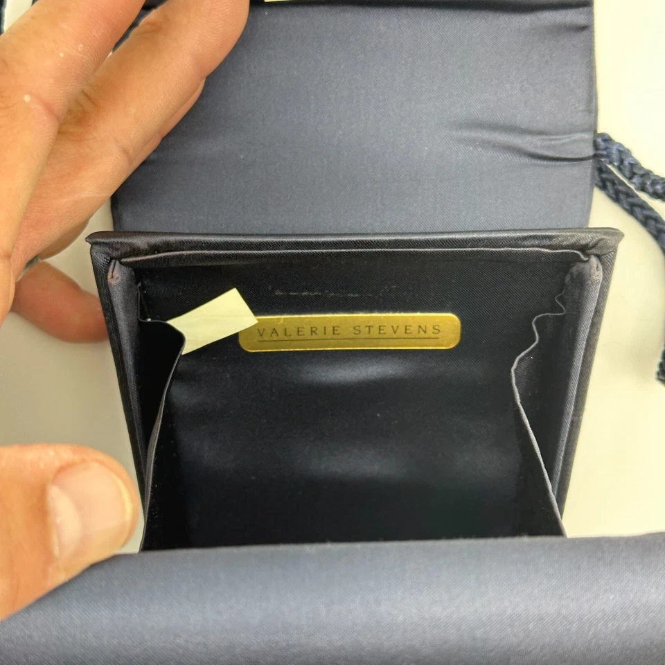 VALERIE STEVENS Vintage Crossbody Bag Blue Satin Tassel Fringe 5x6 Clutch Purse - Image 4 of 4