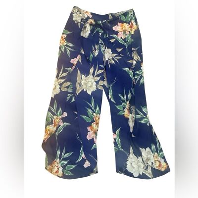 Zara Basic floral palazzo split pants XS breezy wrap tie waist crop Hawaiian