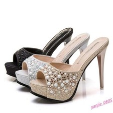 Women's Peep Toe Slipper Stiletto Platform Sequin Casual High Heel Fashion Shoes