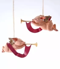 Katherine's Collection Set Of 2 Trumpet Cupig Pig Ornaments Happily Ever After
