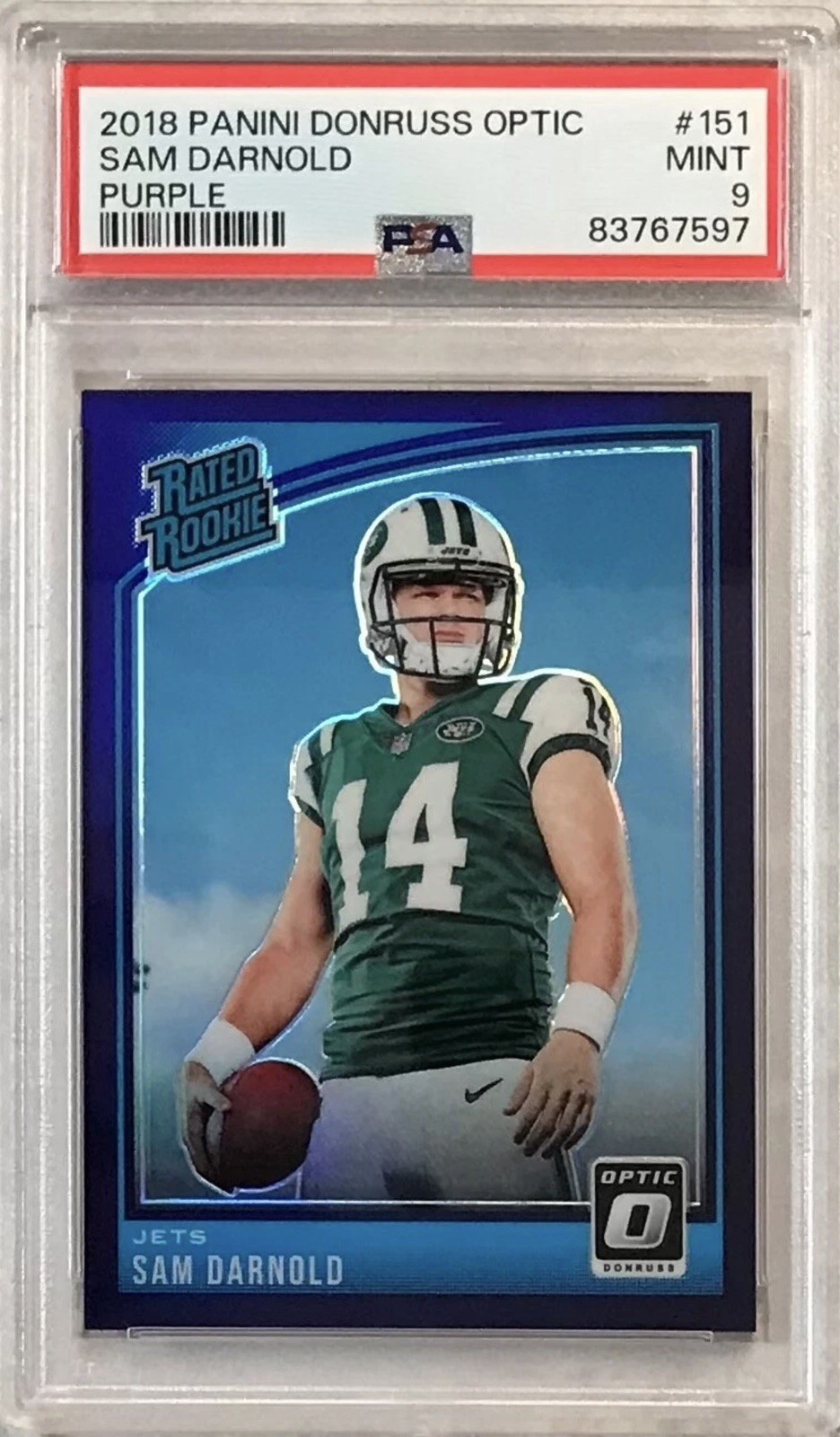 2018 Donruss Optic Sam Darnold #14/50 JERSEY # Purple Rated Rookie RC #151 PSA 9
