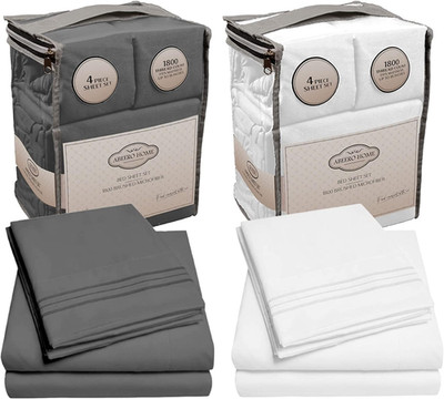 Premium Luxury Queen Sheet Set - 8 Pieces Gray & White - Deep Pocket Fit