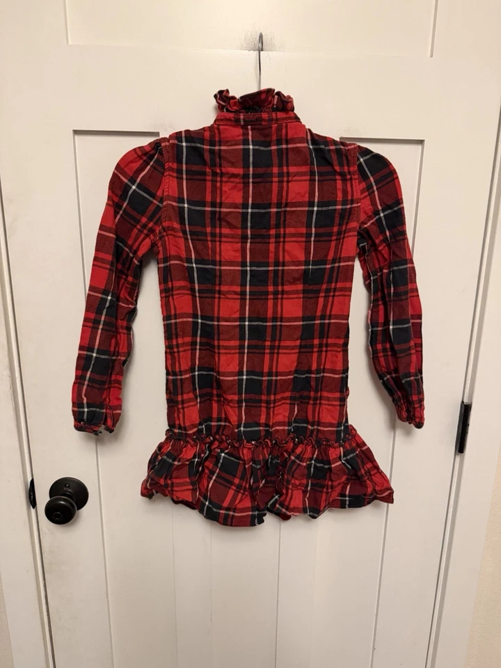 Ralph Lauren 女孩格子红色法兰绒日志袖连衣裙荷叶边假日 10 码 — 第 2/4 张图片