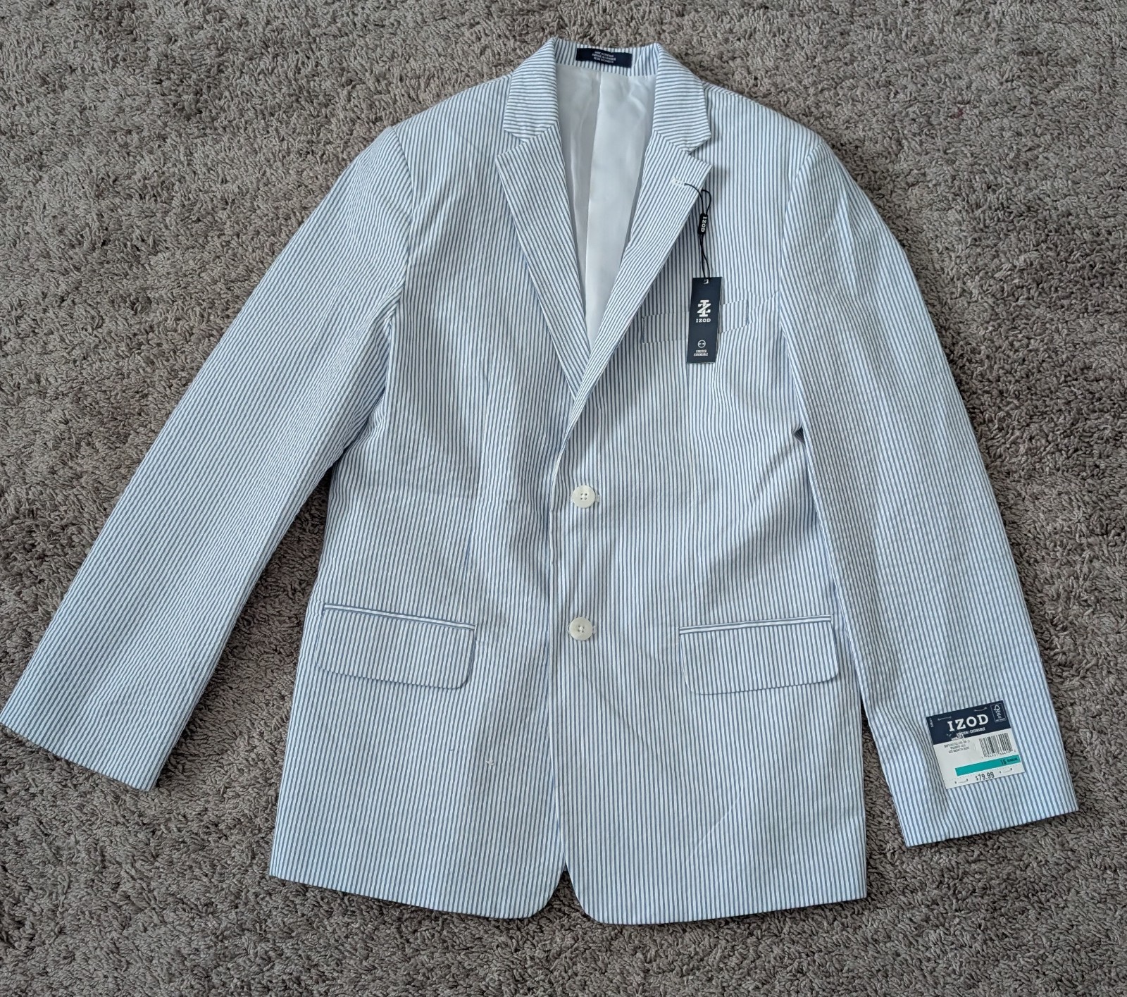 NWT Boys IZOD  Blue + White Striped Suit Jacket Blazer Size 