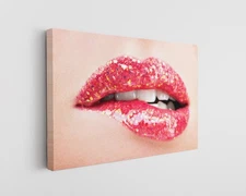 Glitter Lips Canvas Art Red Lip Bite Wall Decor Modern Pop Art